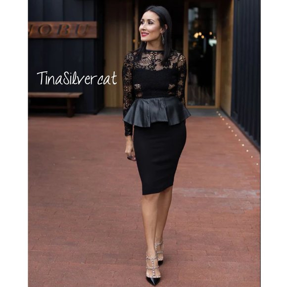 BLOGGER'S FAVE! Zara Celebrity Faux Leather Peplum Lace Dress Black NWT - Picture 7 of 16